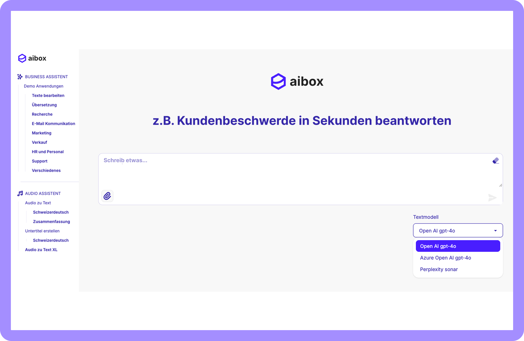 aibox KI Plattform Dashboard – zentrale Verwaltung von ChatGPT, Claude, Perplexity für Schweizer Unternehmen mit datenschutzkonformer Datenverarbeitung